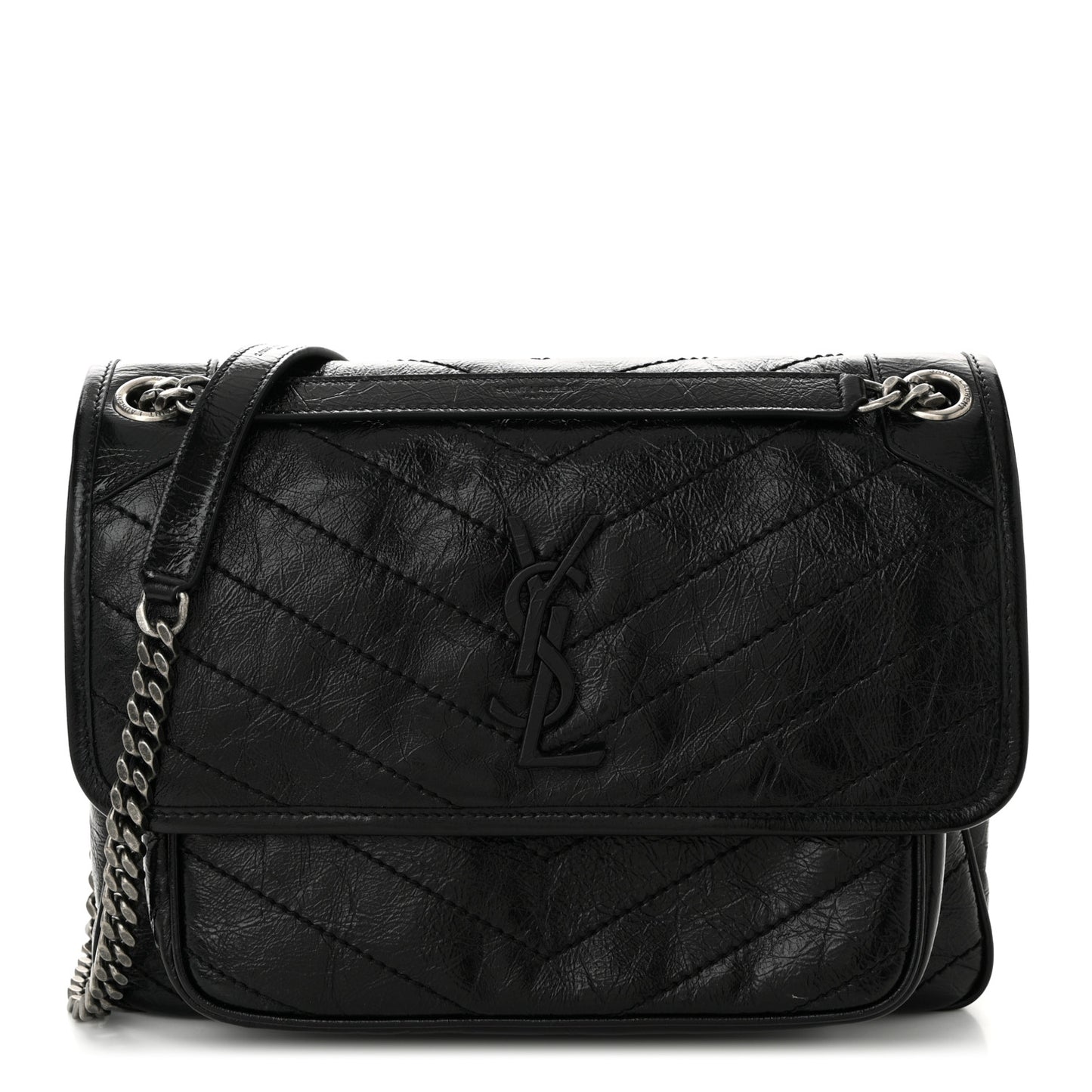 Crinkled Calfskin Matelasse Monogram Medium Niki Chain Satchel Black