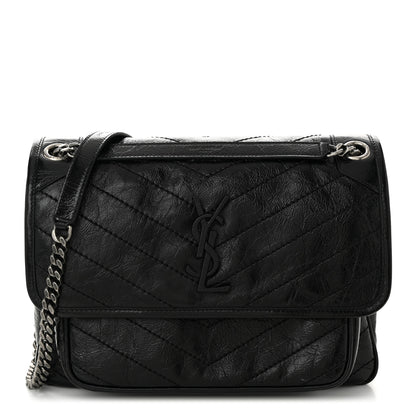 Saint Laurent Crinkled Calfskin Matelasse Monogram Medium Niki Chain Satchel Black 1 of 10