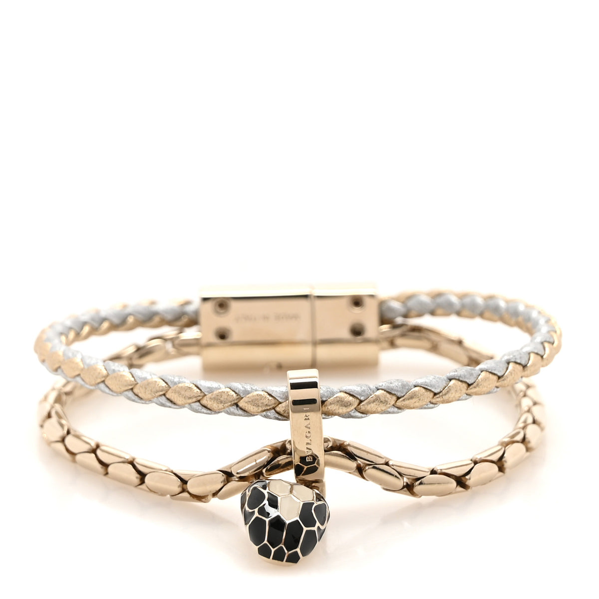 Metallic Calfskin Braided Brass Enamel Serpenti Forever Double Coil Bracelet Gold Silver