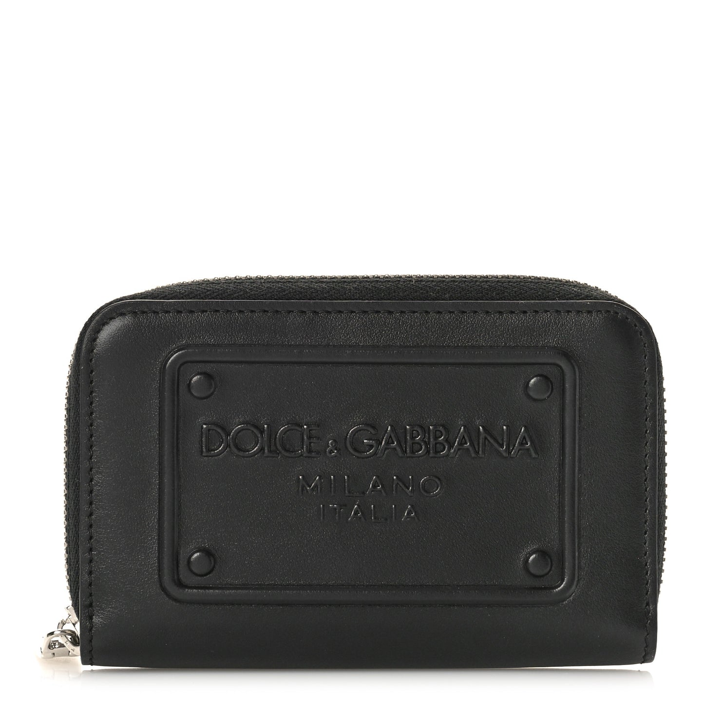 Calfskin Debossed Logo Small Zip Around Wallet Black