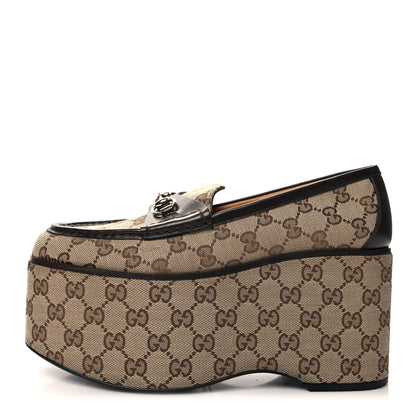 Gucci Canvas GG Monogram Horsebit Calfskin Womens Horsebit Platform Loafers 40 Beige Ebony 1 of 9