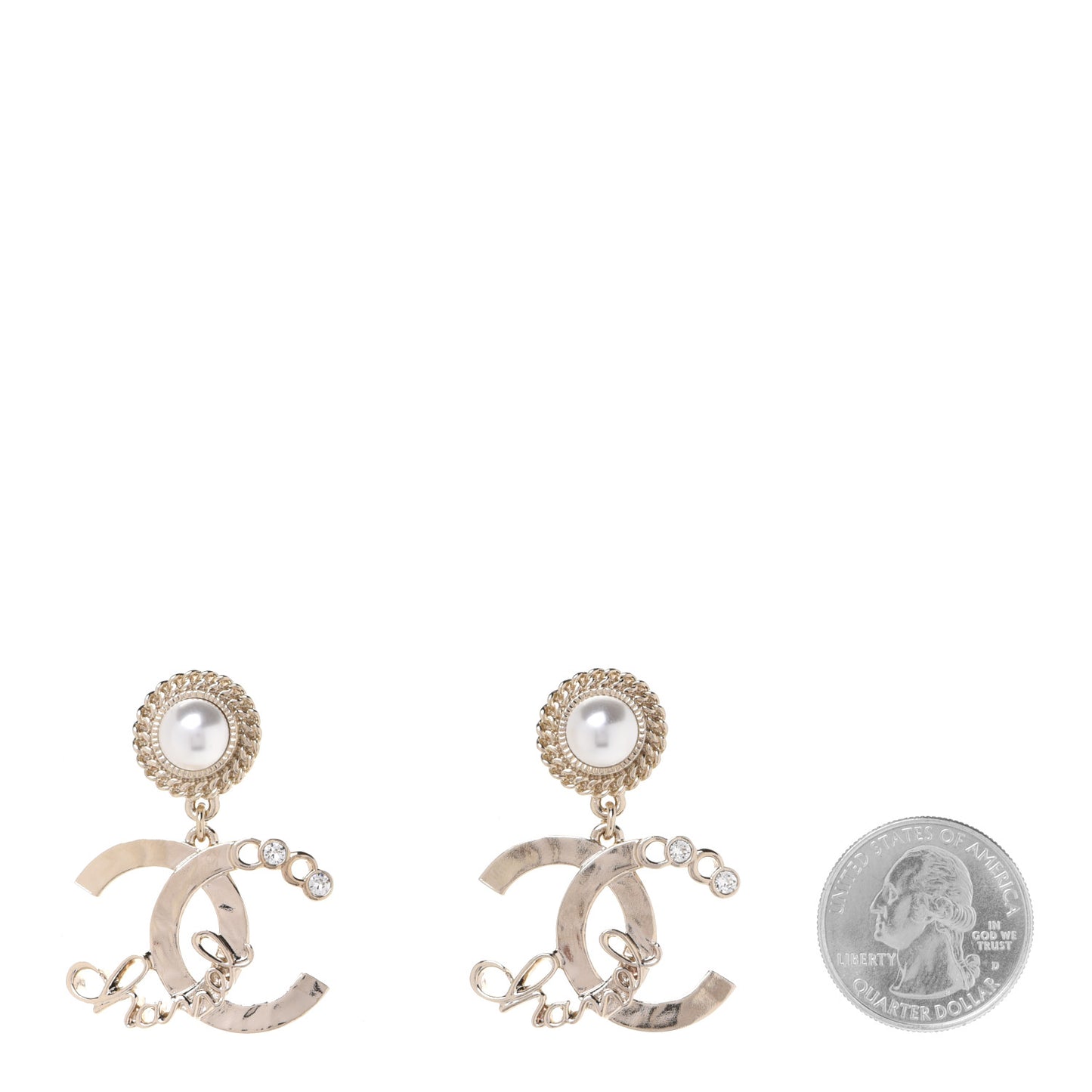 Metal Pearl Crystal Coco Script CC Drop Earrings Gold