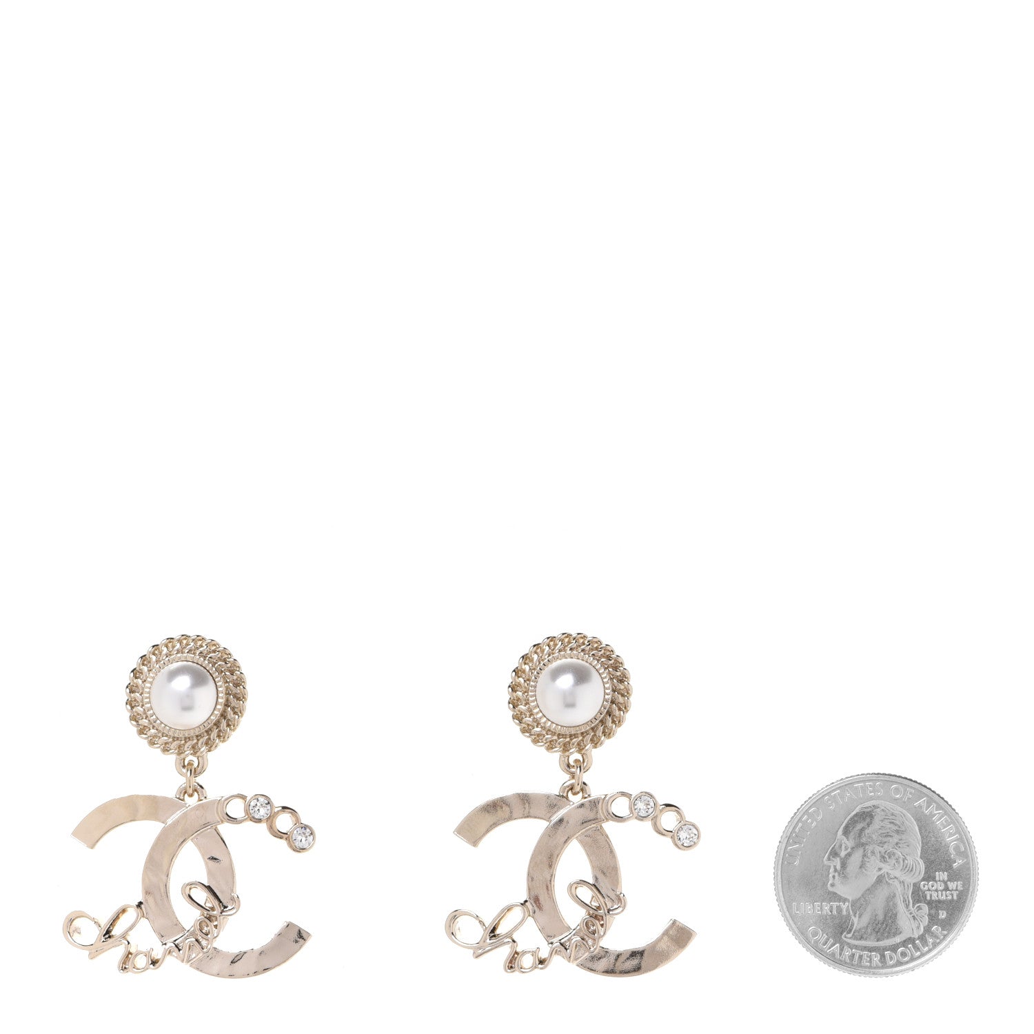 Chanel Metal Pearl Crystal Coco Script CC Drop Earrings Gold 2 of 5