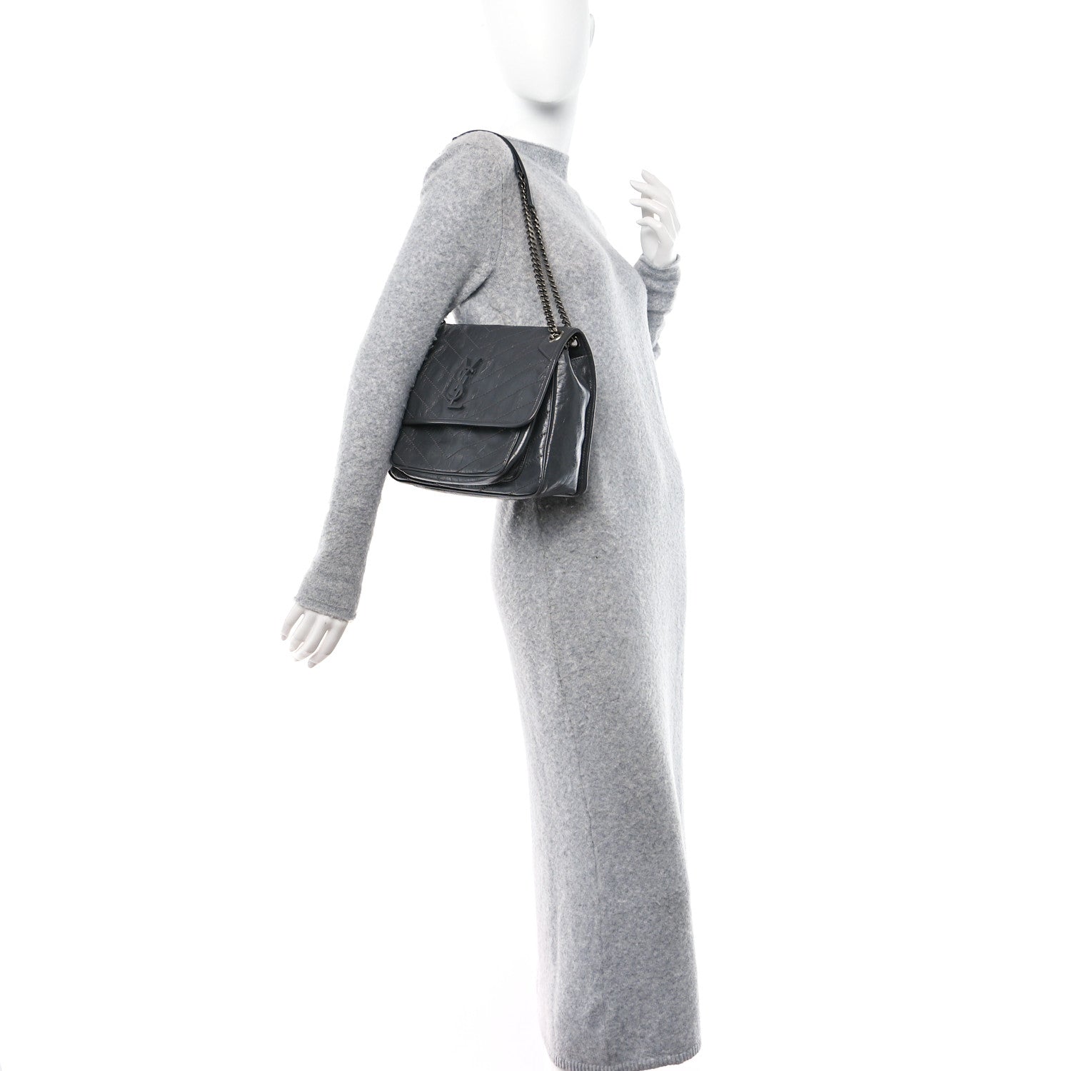 Saint Laurent SAINT LAURENT Crinkled Calfskin Matelasse Monogram Medium Niki Chain Satchel Storm 2 of 11