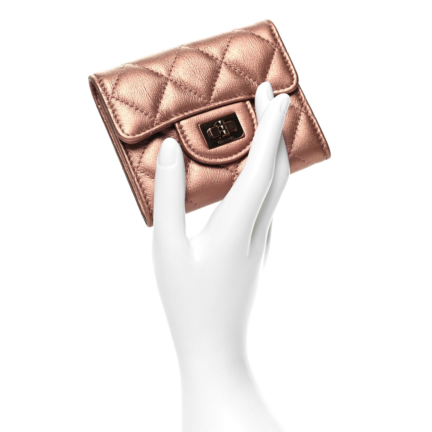 Metallic Calfskin Quilted Reissue Flap Card Holder Wallet Copper Pink