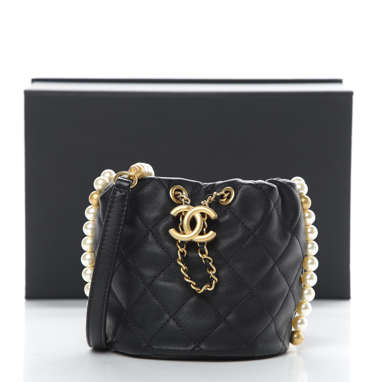 Chanel Calfskin Quilted Pearl Mini About Pearls Drawstring Bucket Bag Black 11 of 11
