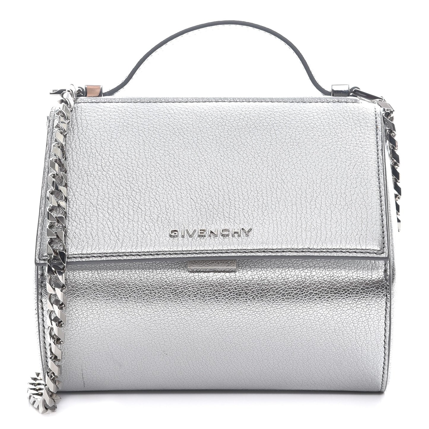 Metallic Calfskin Mini Pandora Box Chain Crossbody Bag Silver