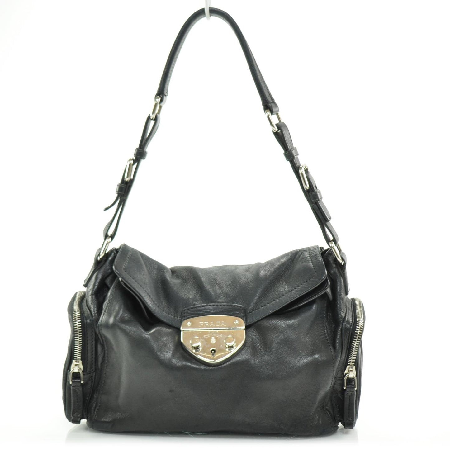 Leather Pushlock Flap Shoulder Bag Black