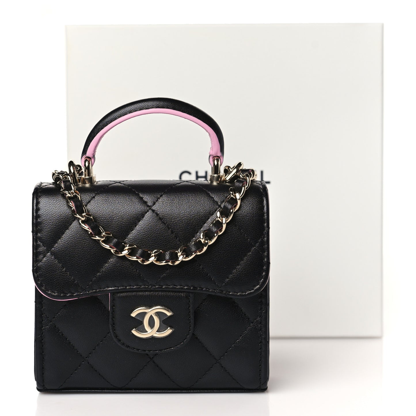 Lambskin Quilted Bi-Color Top Handle Clutch With Chain Black Pink