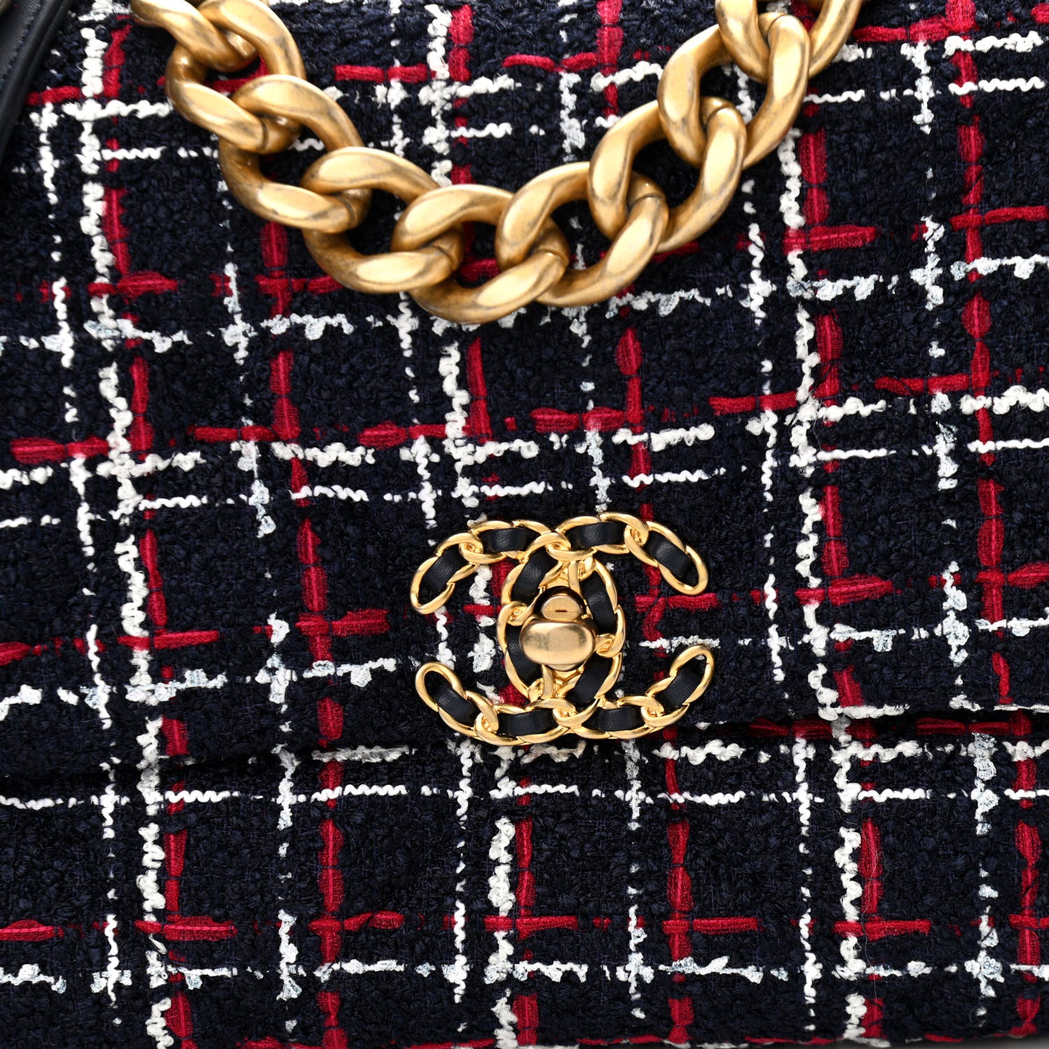 Chanel Tweed Quilted Large Chanel 19 Flap Navy Blue White Red 8 of 10