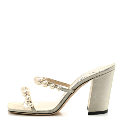 Jimmy Choo Shimmer Suede Pearl Embellished Amara 85 Mule Sandals 37 Champagne 1 of 7