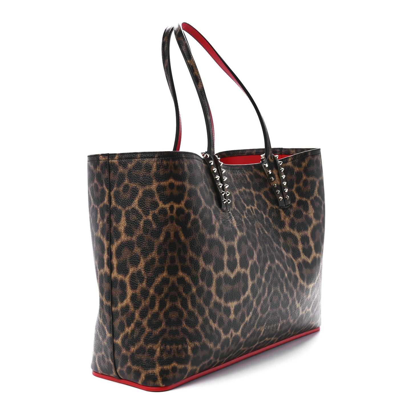 Calfskin Leopard Print Spikes East West Cabata Tote Brown