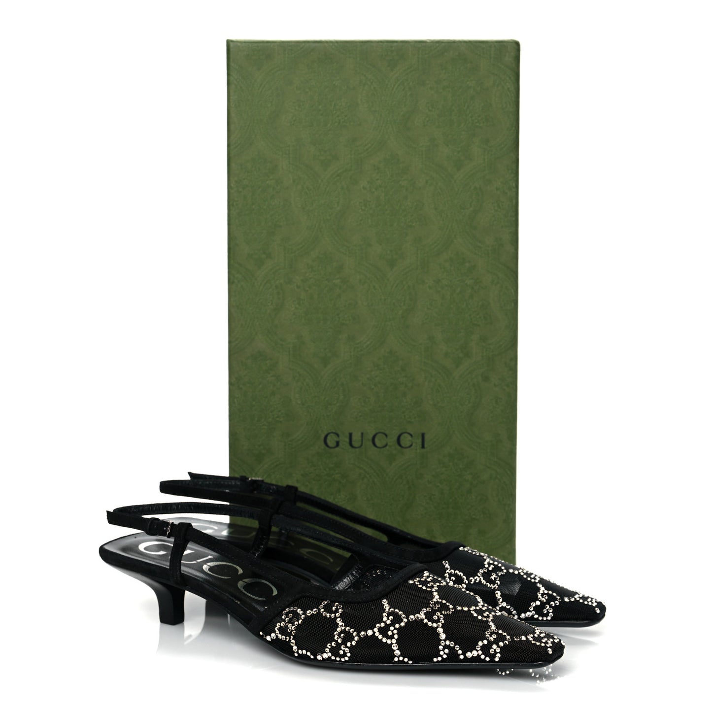 Tela Retino Kid Scamosciato Crystal GG Monogram Square G 35mm Slingback Pumps 37 Black
