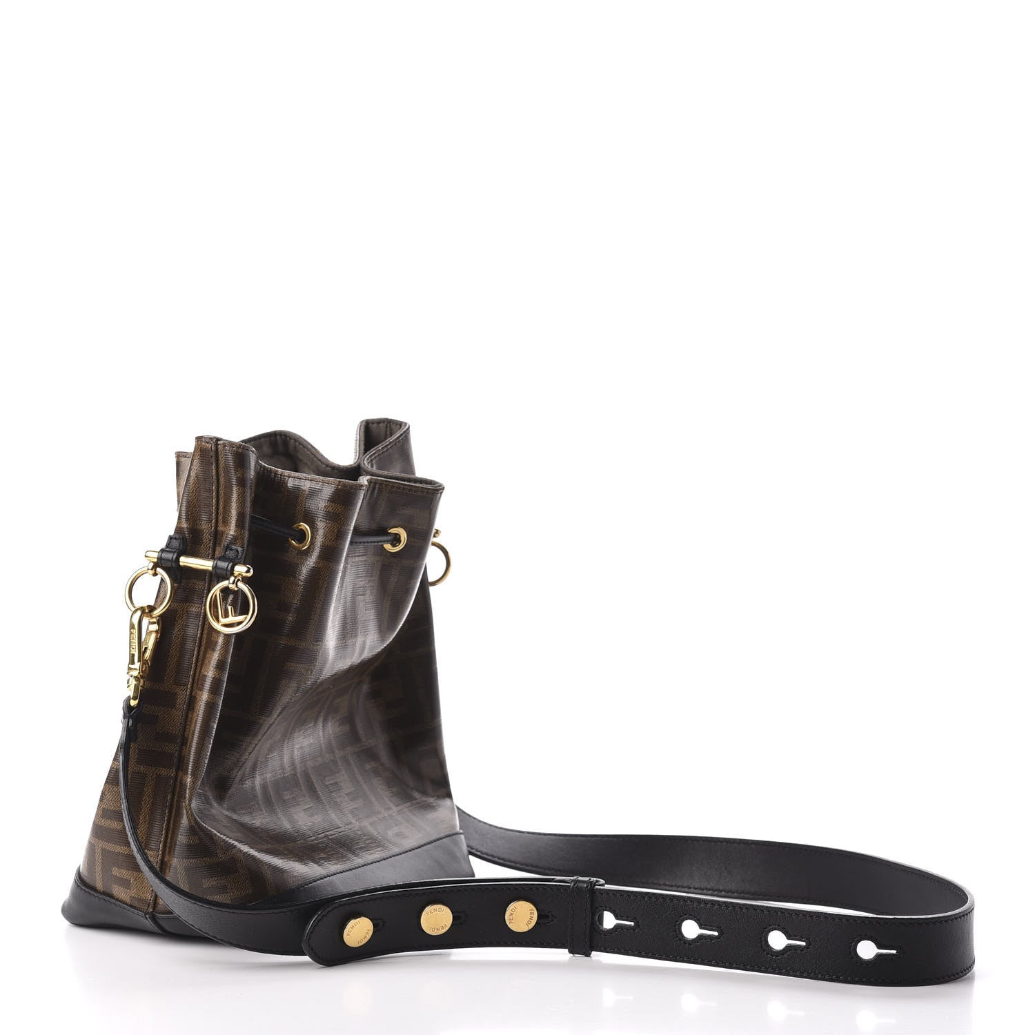 Fendi Glazed Fabric Vitello Grace F is Fendi FF 1974 Stamp Patch Grande Mon Tresor Bucket Bag Mogano Panna Black 3 of 9