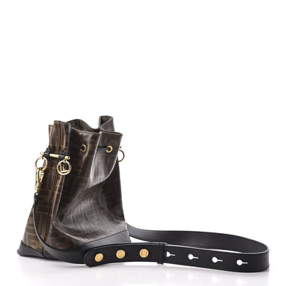Fendi Glazed Fabric Vitello Grace F is Fendi FF 1974 Stamp Patch Grande Mon Tresor Bucket Bag Mogano Panna Black 3 of 9