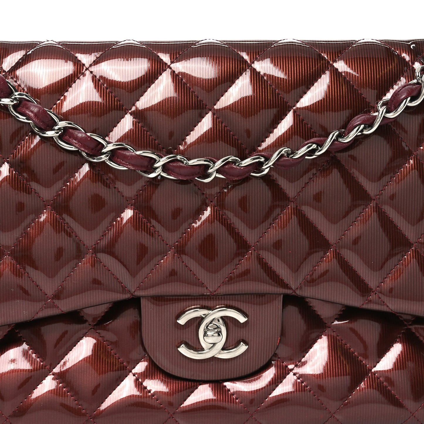 Striated Patent Quilted Jumbo Double Flap Burgundy