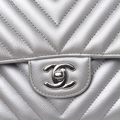 Chanel Metallic Caviar Chevron Quilted Medium Double Flap Silver 13 of 16