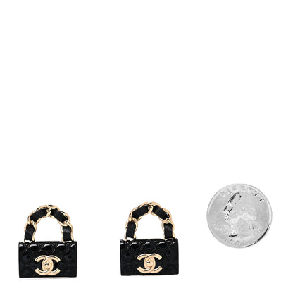 Chanel Metal Resin Lambskin Quilted CC Turnlock Chain Flap Bag Earrings Black Gold 2 of 4