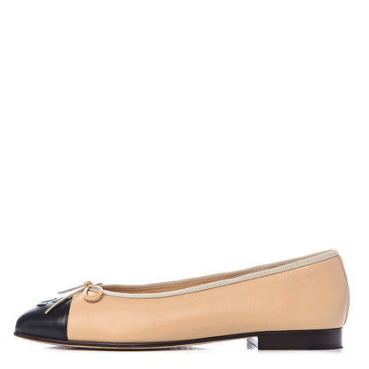 Chanel Lambskin Cap Toe CC Ballerina Flats 38 Beige Black 1 of 16