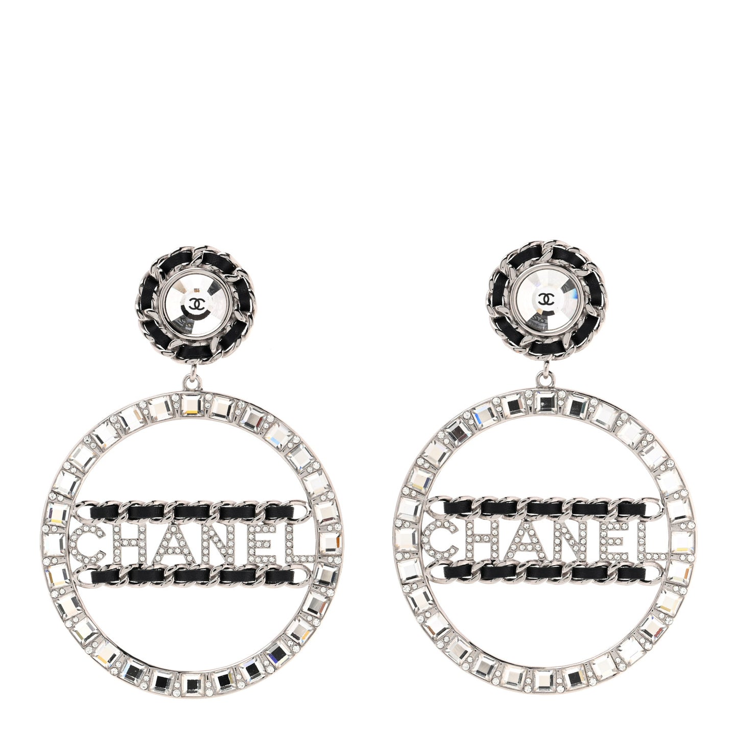 Crystal Lambskin Chain CC Hoop Clip On Earrings Black Silver