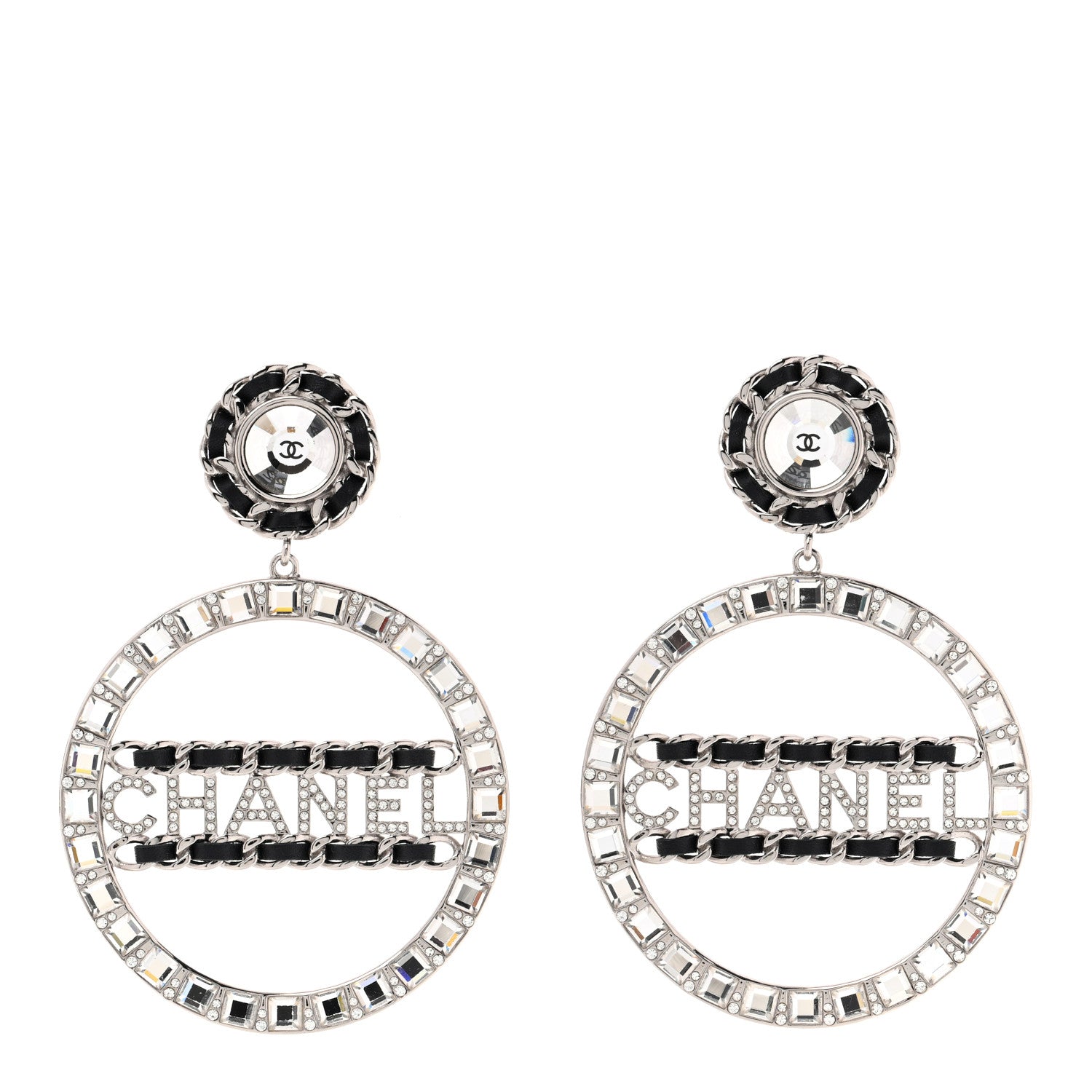 Chanel Crystal Lambskin Chain CC Hoop Clip On Earrings Black Silver 1 of 6