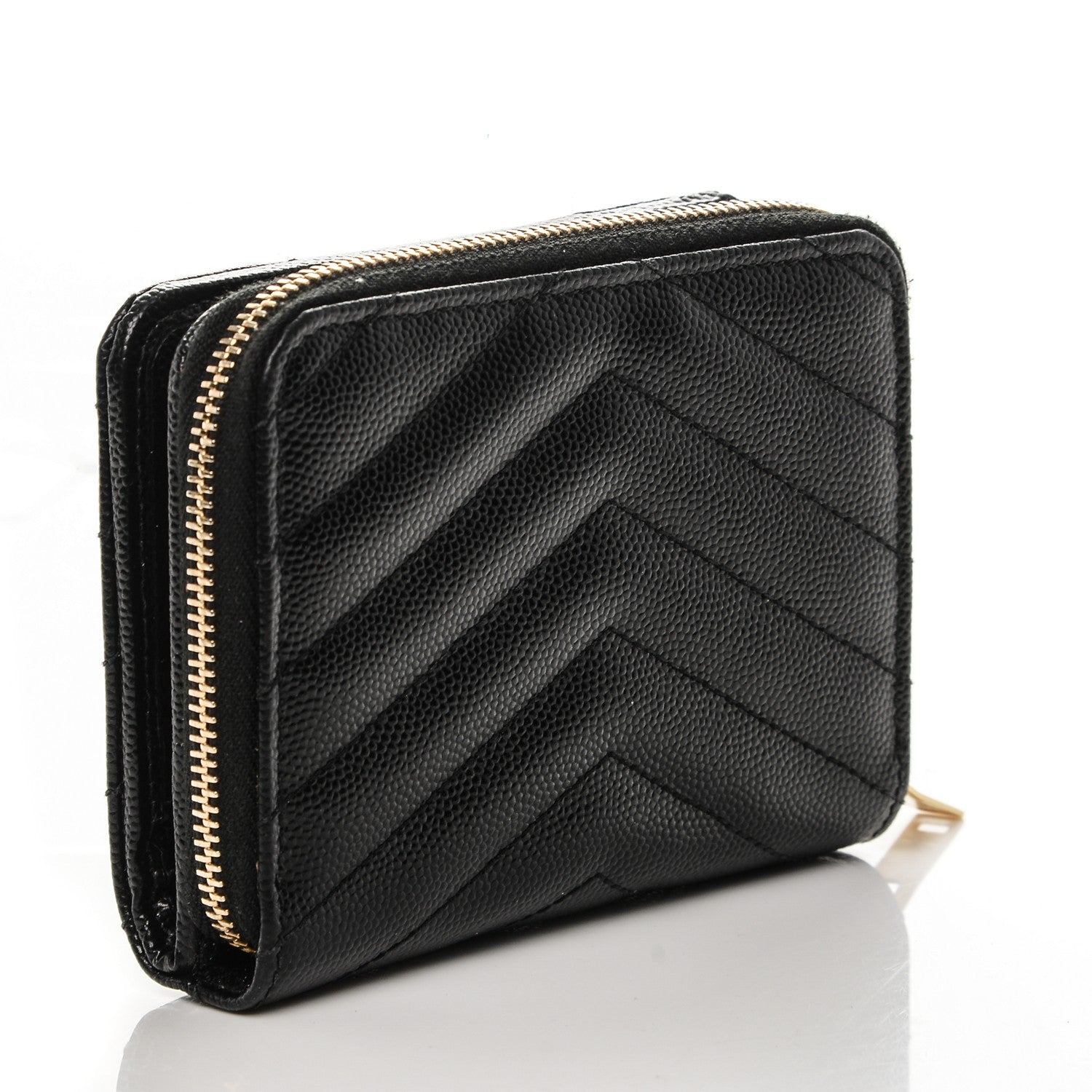 Saint Laurent Grain De Poudre Matelasse Chevron Monogram Compact Zip Around Wallet Black 3 of 7