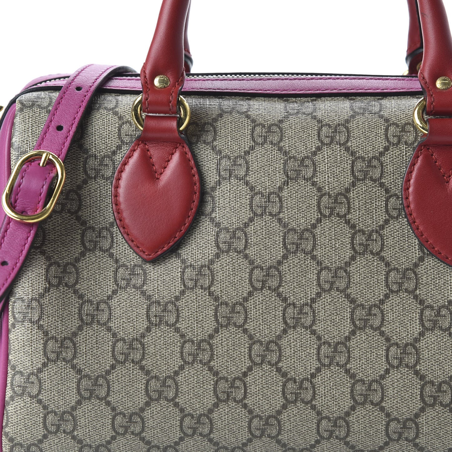 GG Supreme Monogram Moon Calfskin Small Boston Beige Ebony Hibiscus Red New Rosette