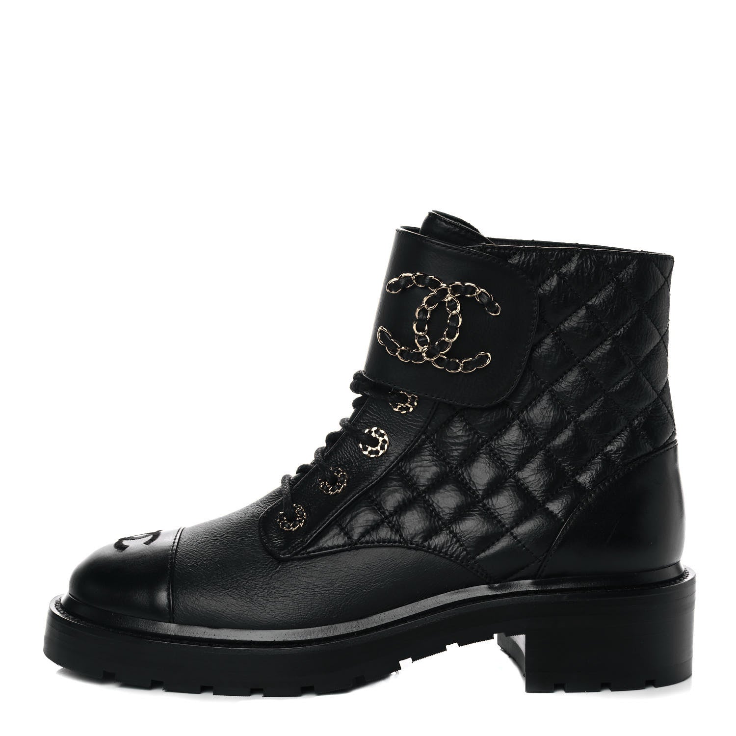 Chanel Shiny Goatskin Calfskin Quilted Lace Up Combat Boots 40 Black 1 of 20