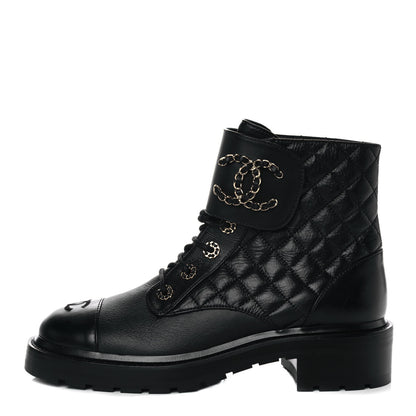 Chanel Shiny Goatskin Calfskin Quilted Lace Up Combat Boots 40 Black 1 of 20