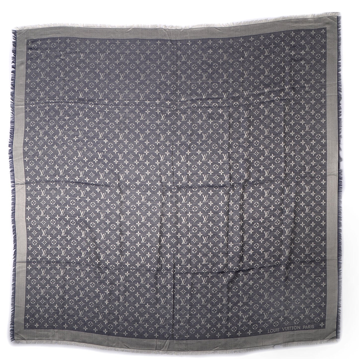 Wool Silk Monogram Denim Shawl Blue