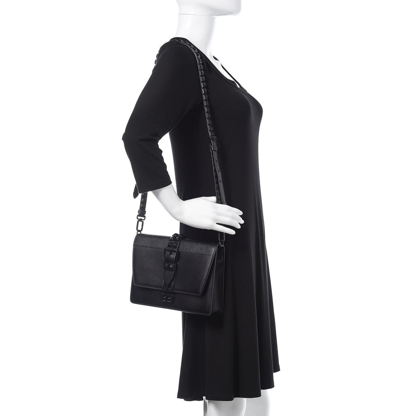 Saffiano City Calfskin Monochrome Studded Large Elektra Shoulder Bag Black