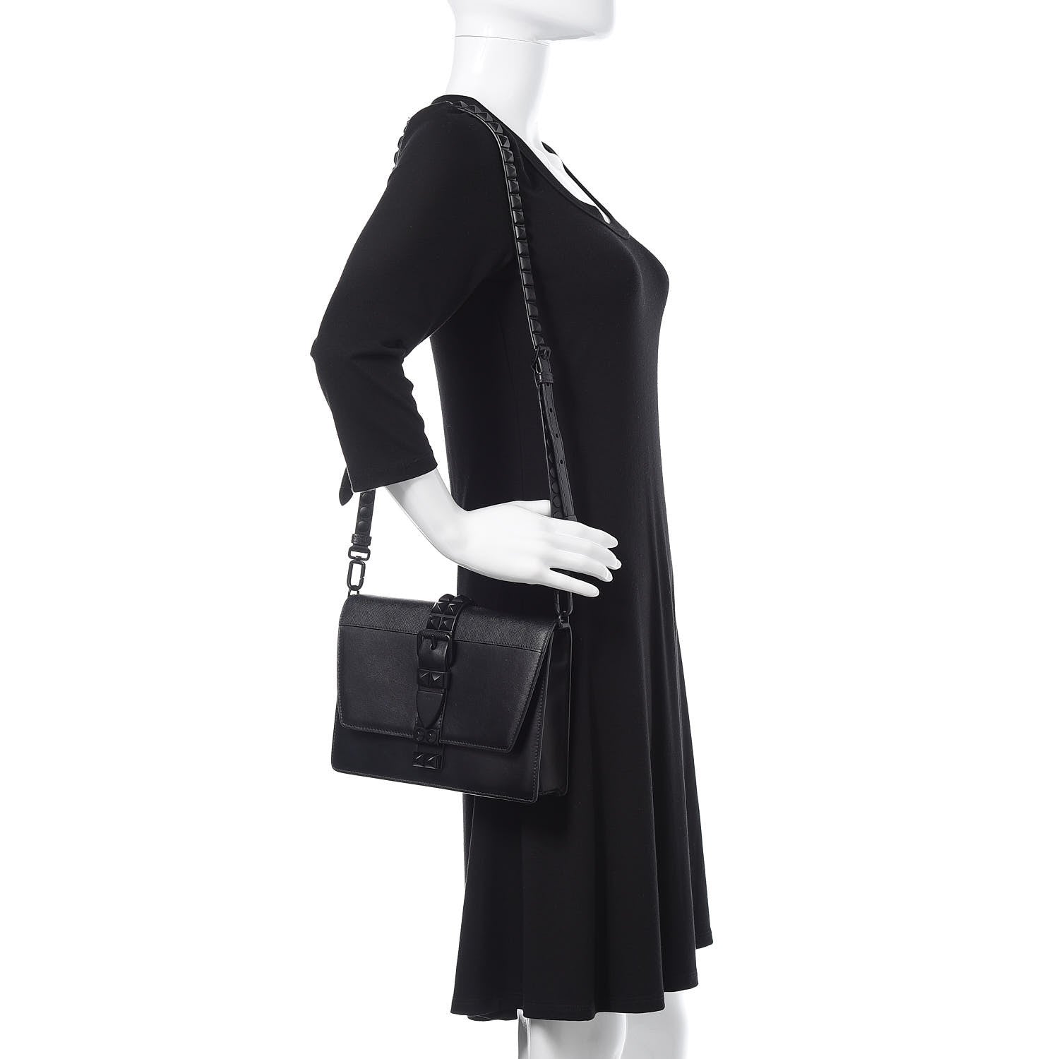 Prada Saffiano City Calfskin Monochrome Studded Large Elektra Shoulder Bag Black 2 of 10