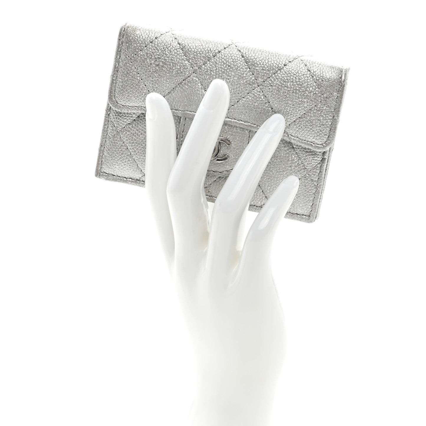 Caviar Quilted Double Flap Wallet Silver