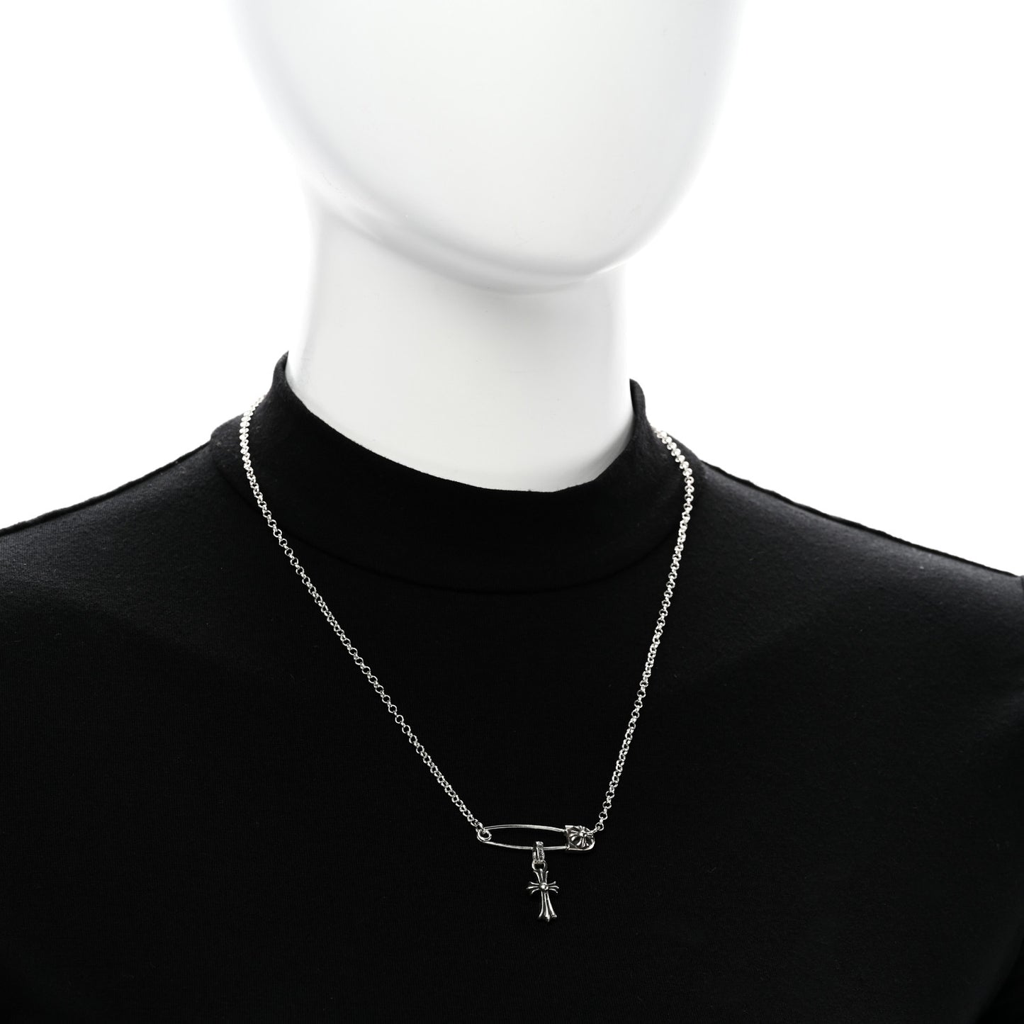 Sterling Silver Safety Pin Baby Fat Cross Pendant Necklace