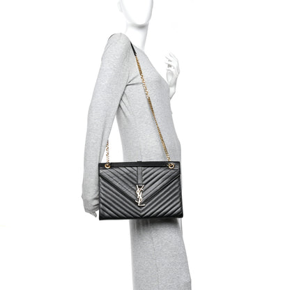 Saint Laurent Grain De Poudre Matelasse Chevron Large Monogram Satchel Black 2 of 11