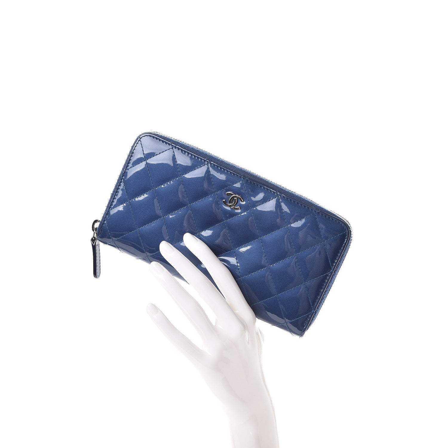 Chanel Patent Calfskin Quilted Large Gusset Zip Around Wallet Blue 2 of 9