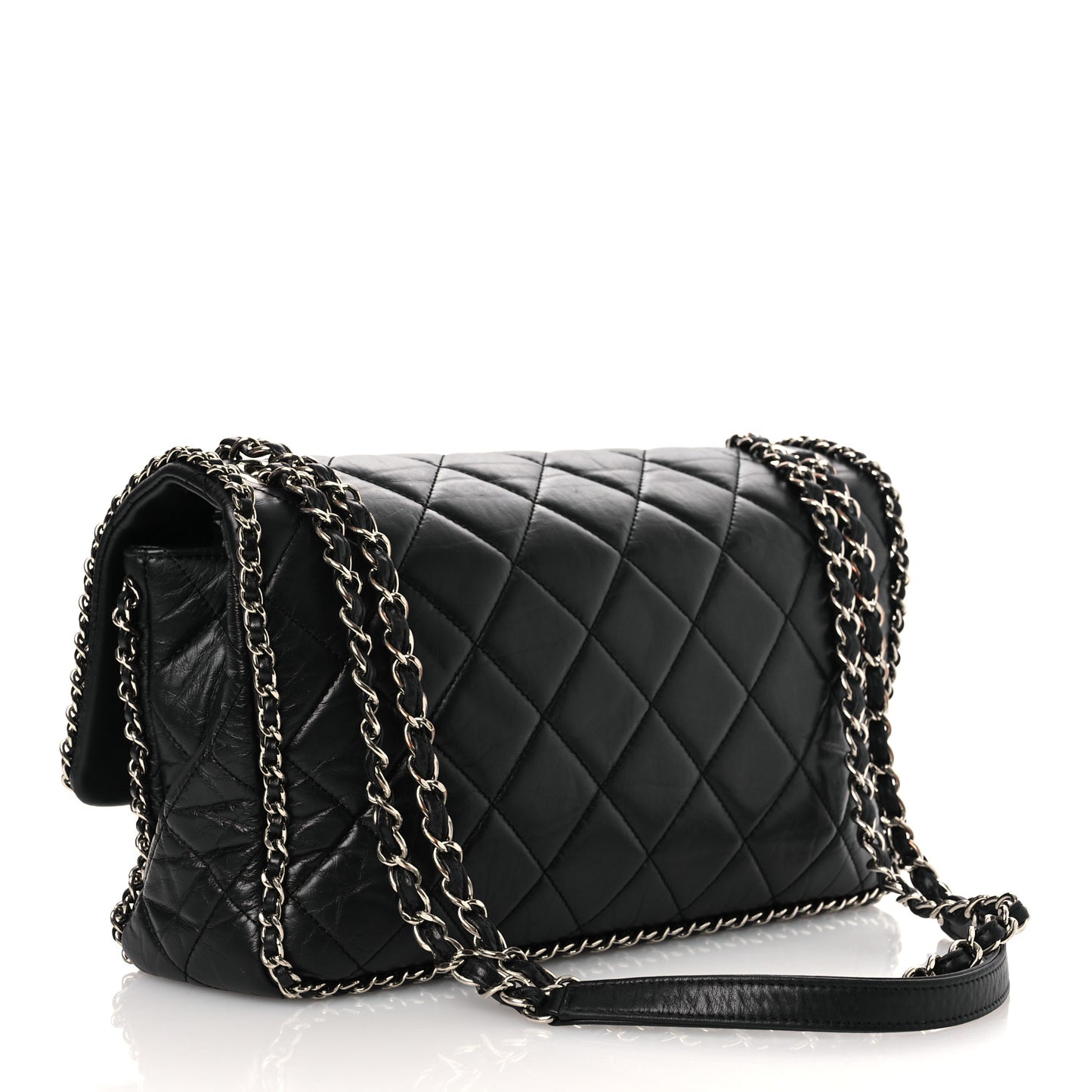 Crumpled Calfskin Quilted Large Chain Around Flap Black