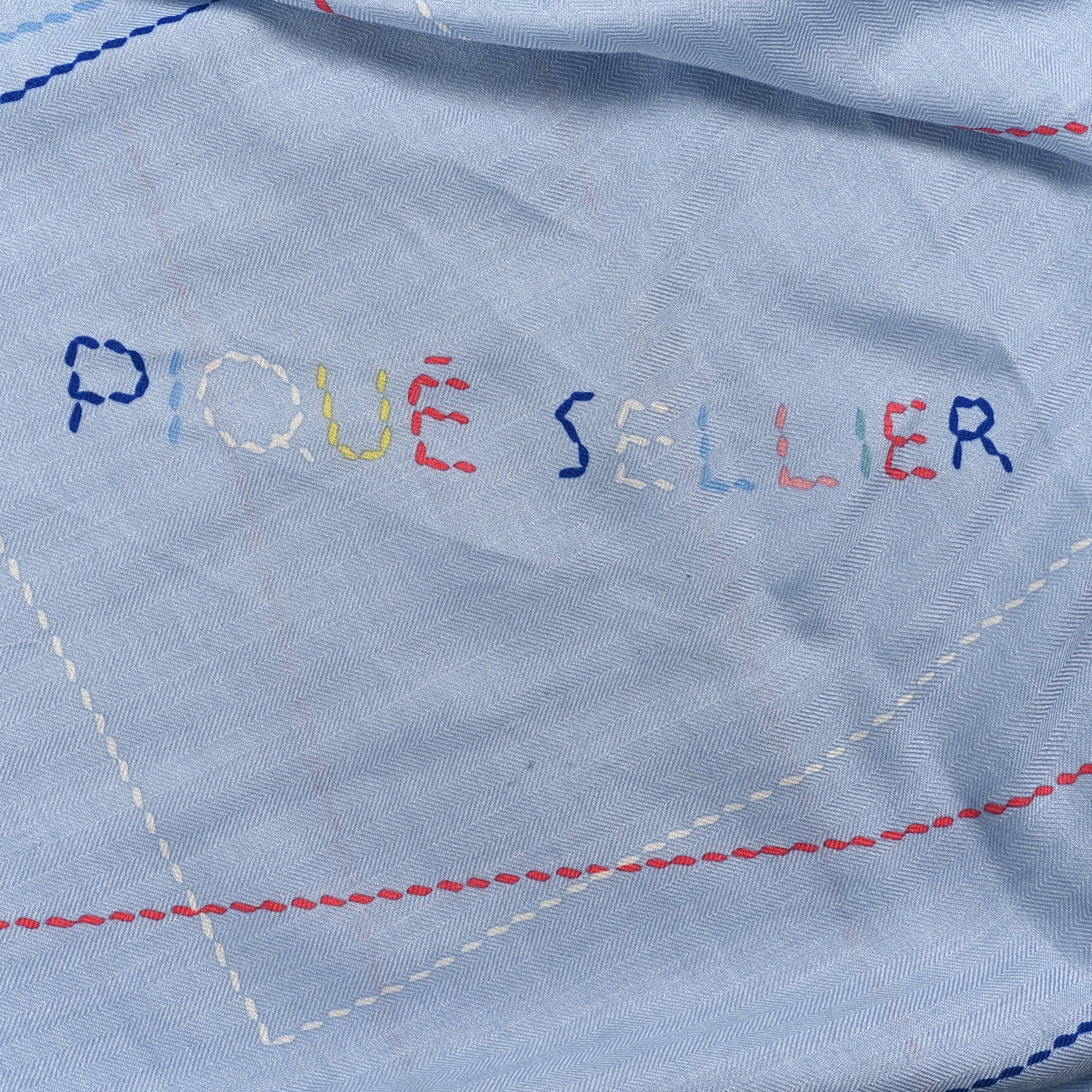 Hermes Cashmere Silk Embroidered Giant Pique Sellier Scarf 140 Bleu Ciel Rose Jaune 5 of 5