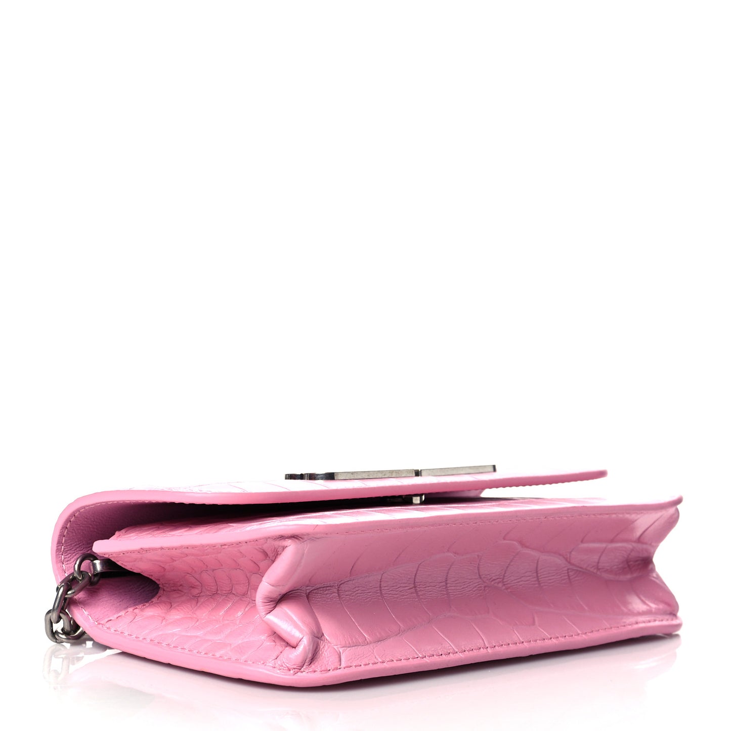 Extra Supple Calfskin Crocodile Embossed Gossip Wallet On Chain Candy Pink