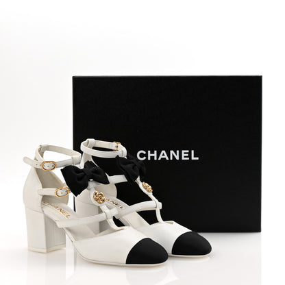 Chanel Lambskin Grosgrain Bow Camellia Mary Jane Pumps 38 White Black 11 of 11