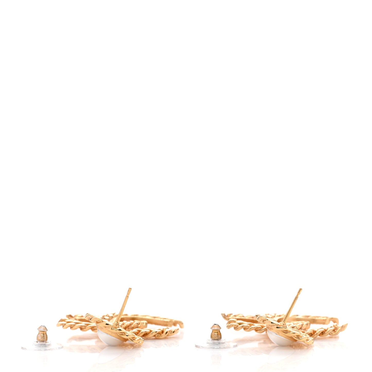 Metal Pearl CC Chain Drop Earrings Gold
