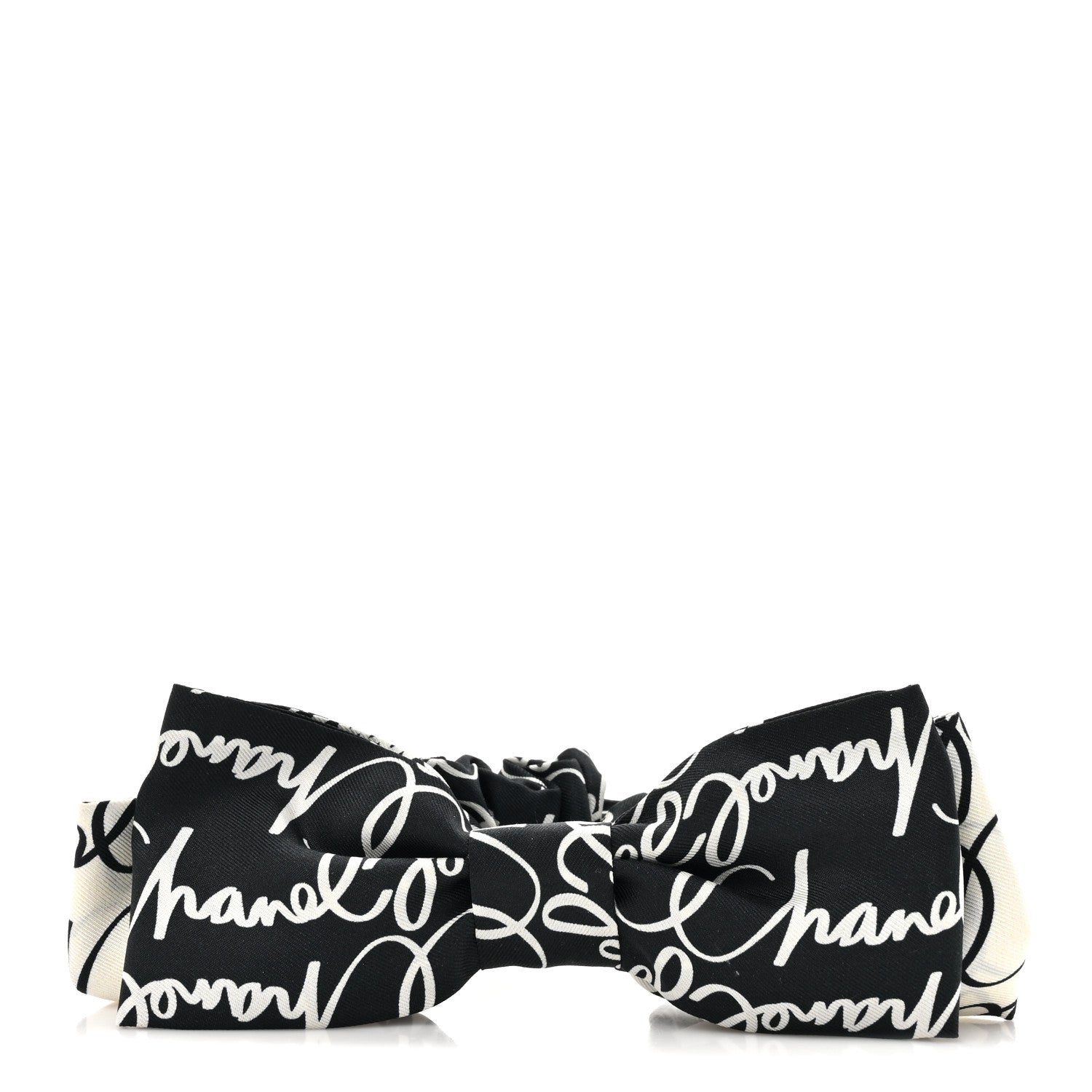 Chanel Silk Twill Logo Bow Hair Tie Black White 1 of 5