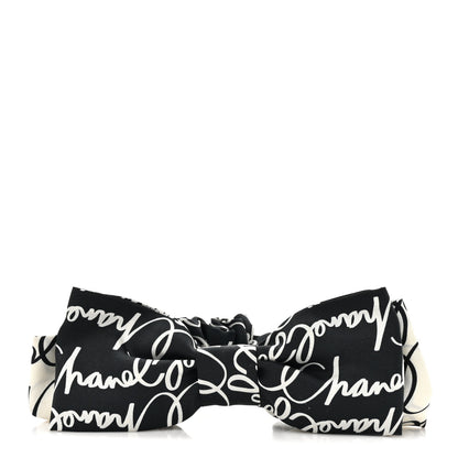 Chanel Silk Twill Logo Bow Hair Tie Black White 1 of 5