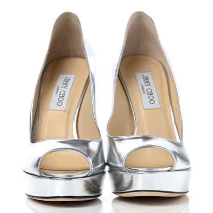 Jimmy Choo Mirror Calfskin Crown 120 Peep Toe Platform Pumps 39 Silver 2 of 11