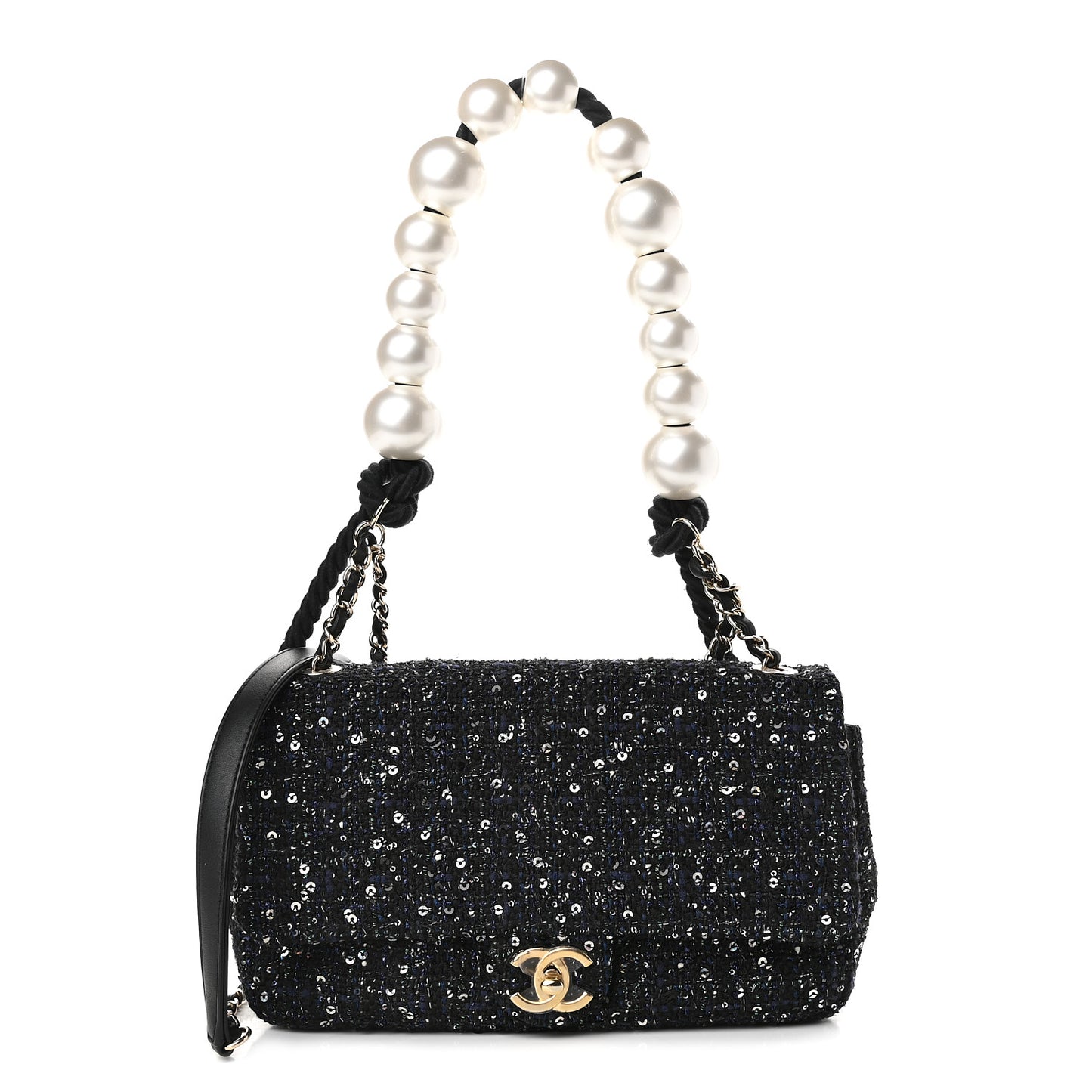 Tweed Medium Pearl Handle Flap Black Ecru