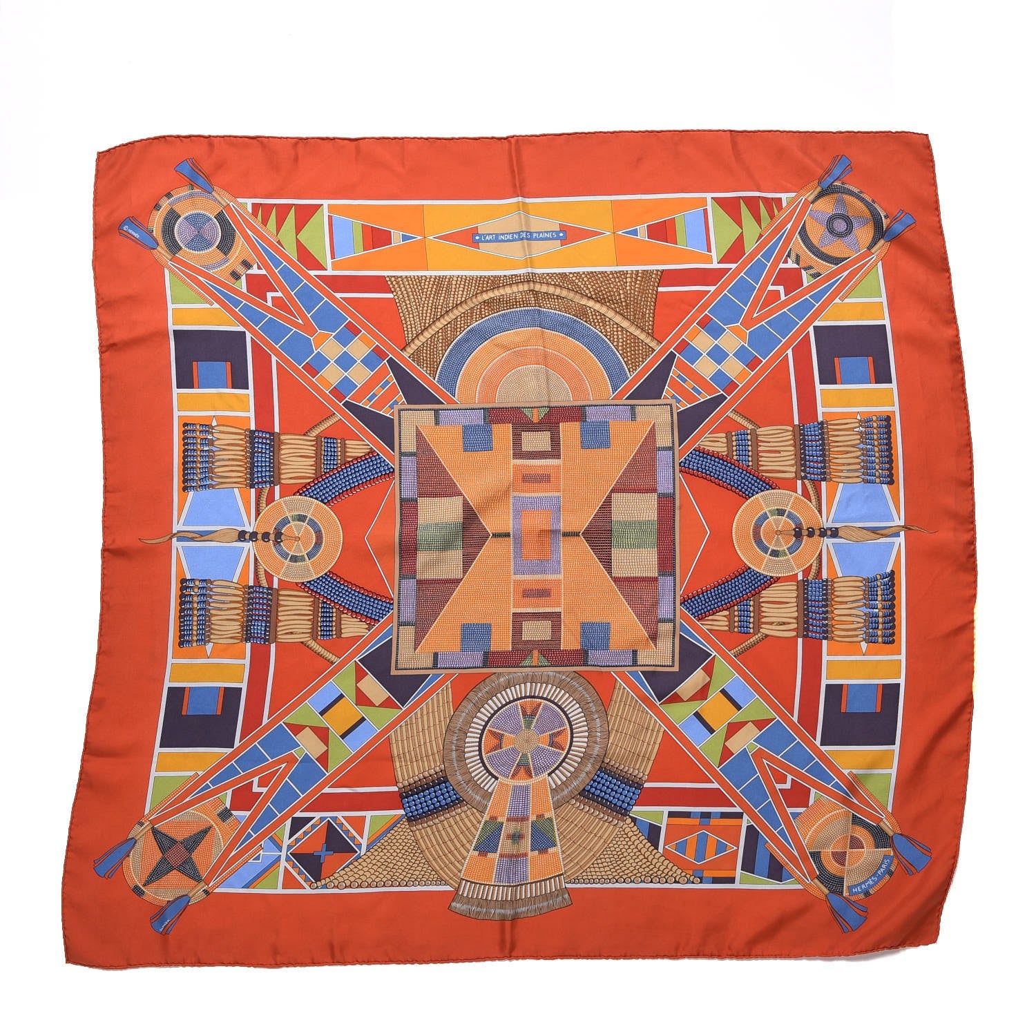 Hermes Silk L'Art Indien Scarf 90 Orange Jaune Bleu 1 of 9