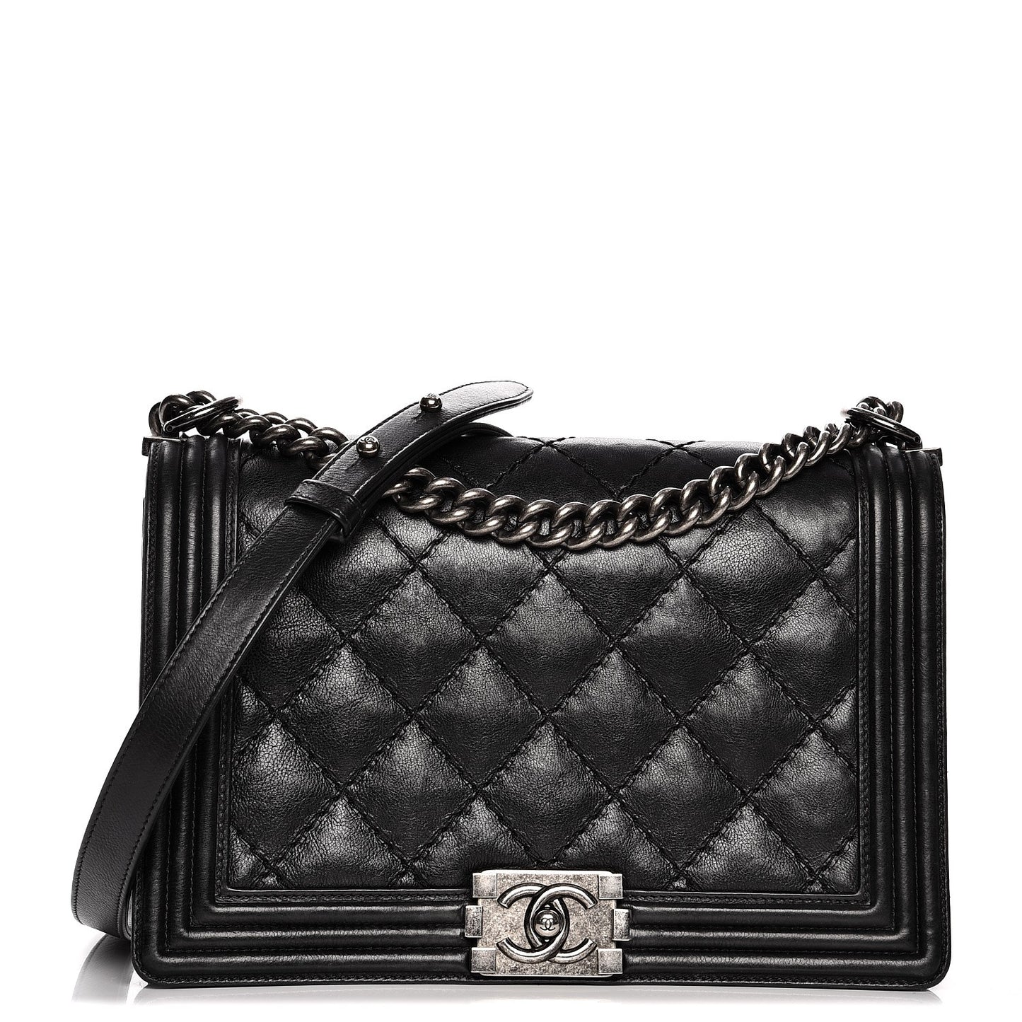 Calfskin Quilted Double Stitch New Medium Boy Flap Black