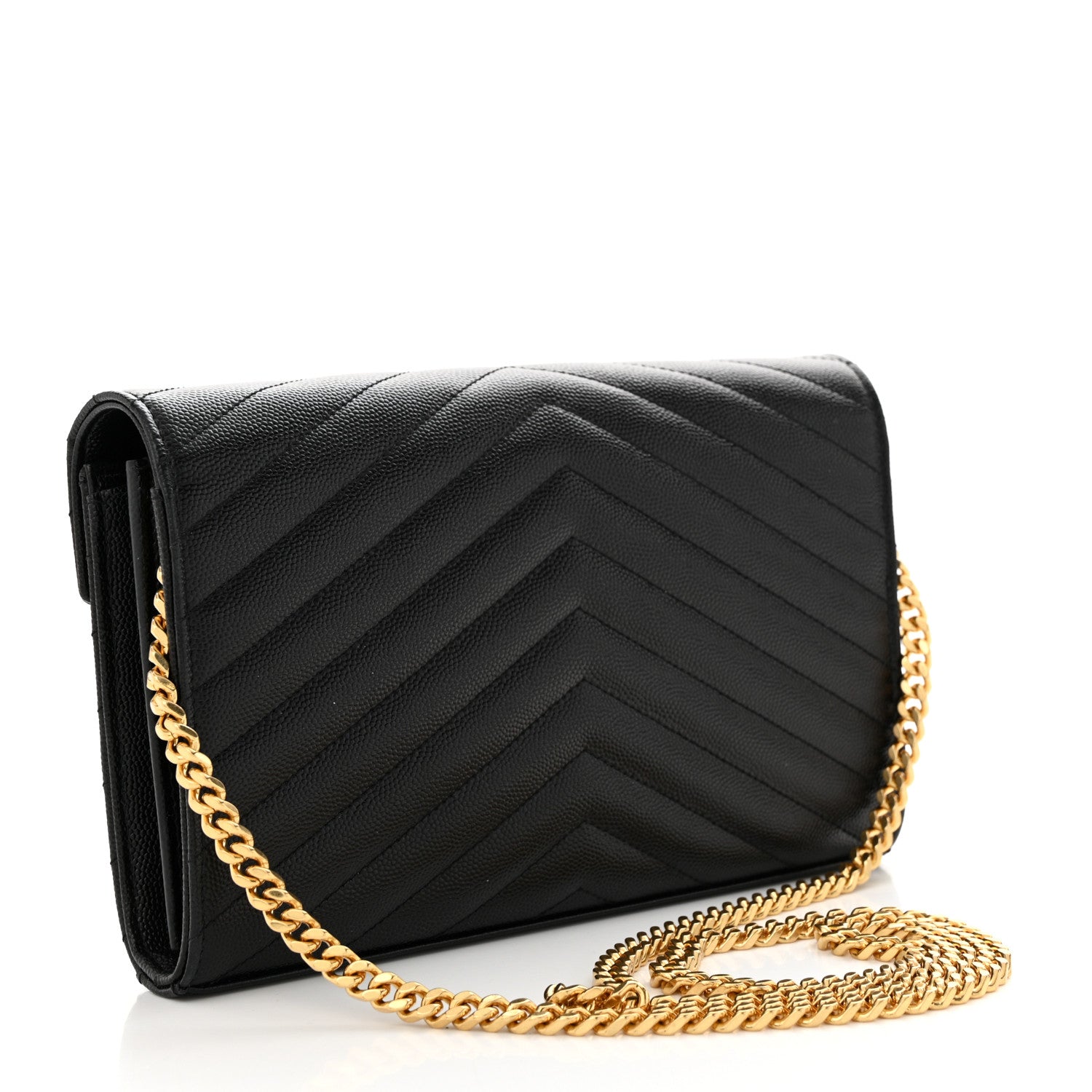 Saint Laurent Grain De Poudre Matelasse Chevron Monogram Chain Wallet Black 3 of 10