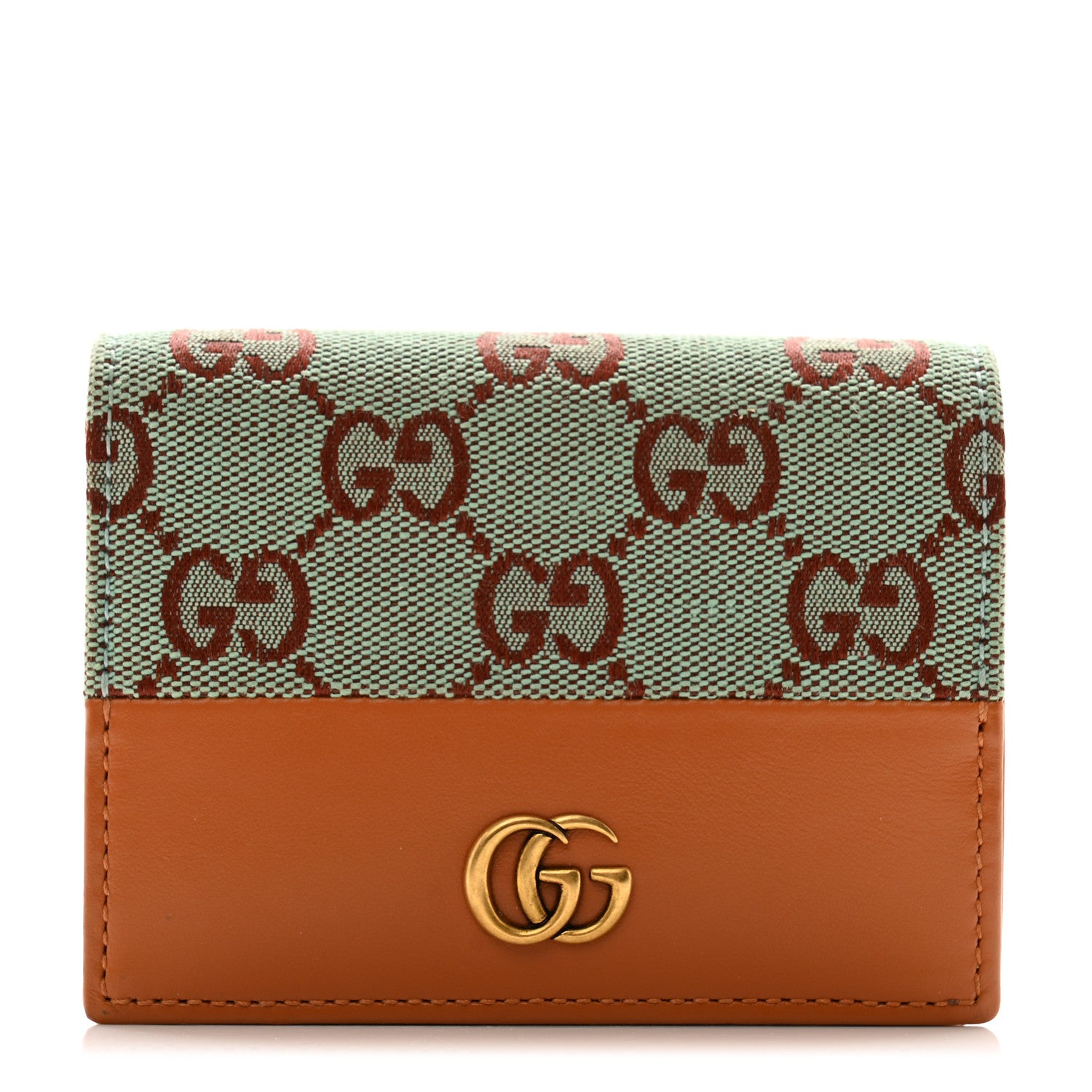 Gucci Moire Calfskin Monogram Bi-Fold Card Case Pale Blue Brown 1 of 11