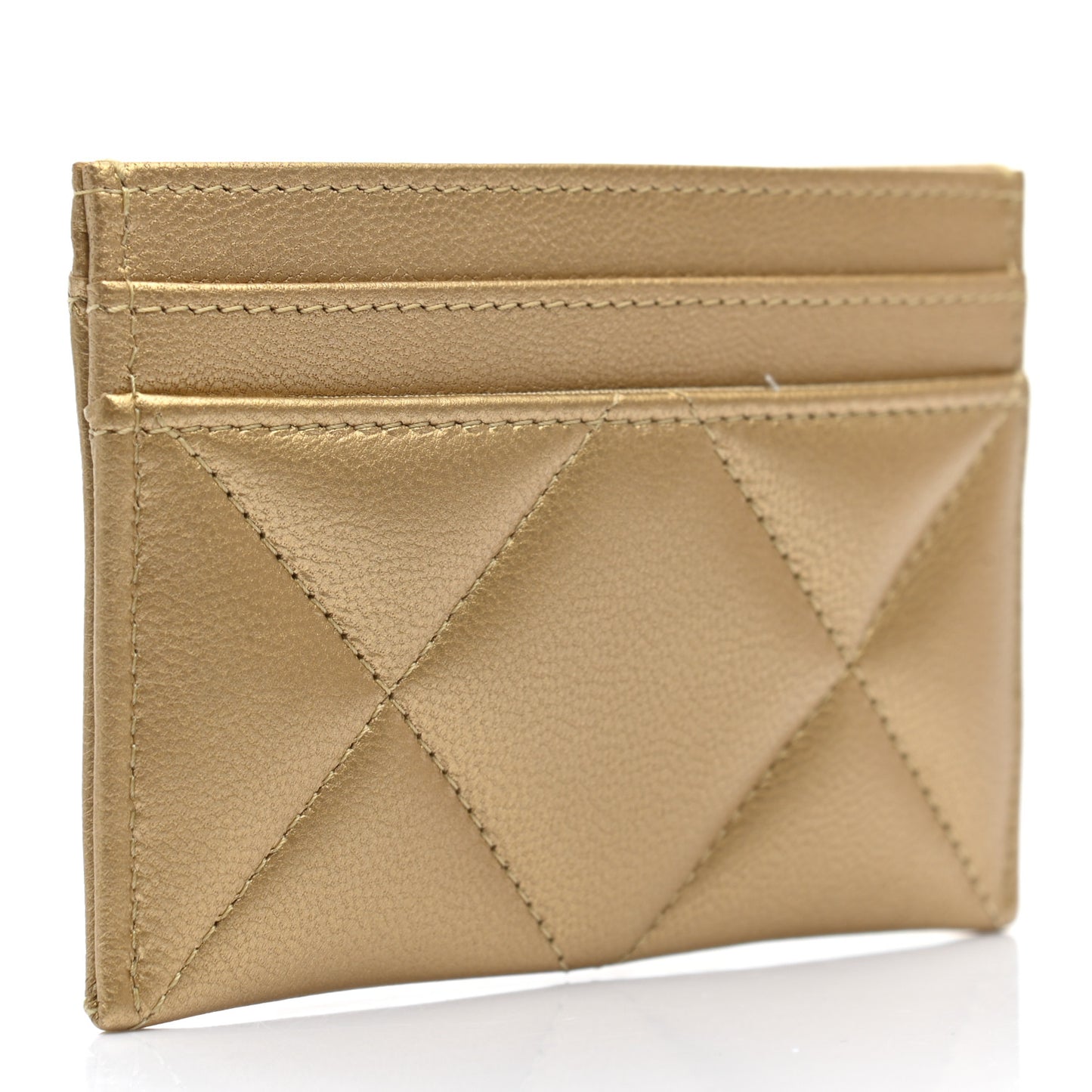 Metallic Lambskin Quilted Chanel 19 Card Holder Gold
